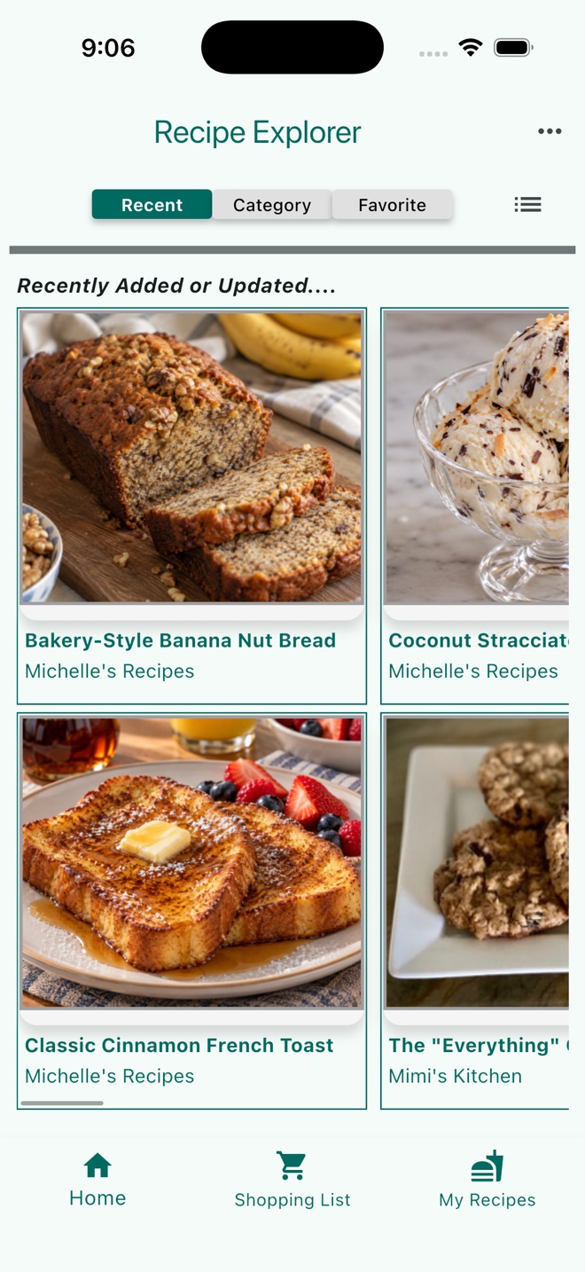 Cookery Trove Home screen showing a collection of finished recipes with photos