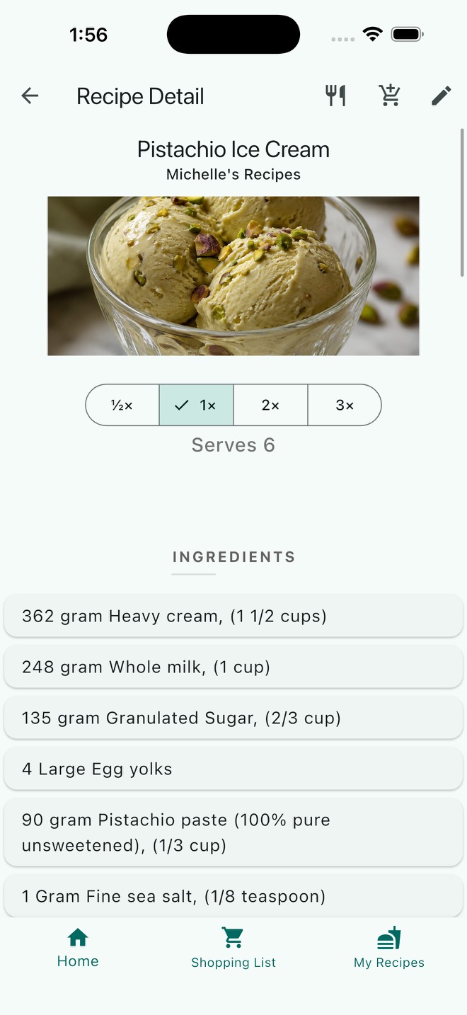 Recipe detail in Cookery Trove showing ingredients and serving controls